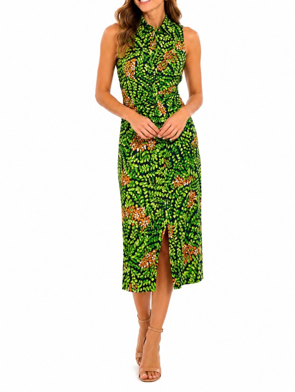 Flora Bea NYC Ruched Floral Midi Dress Retro Botanical Collared Sleeveless M